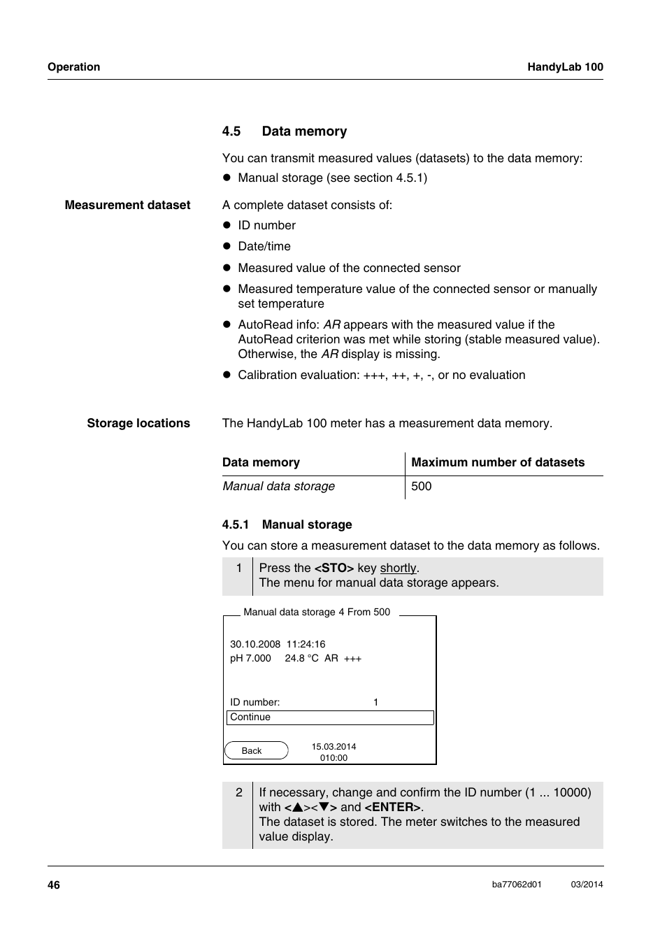 5 data memory, 1 manual storage, Data memory 4.5.1 | Manual storage | Xylem HandyLab 100 User Manual | Page 46 / 66