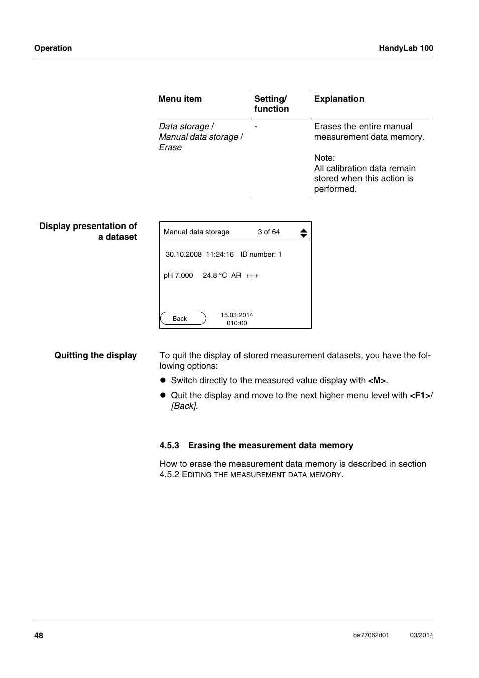 3 erasing the measurement data memory, Erasing the measurement data memory | Xylem HandyLab 100 User Manual | Page 48 / 66