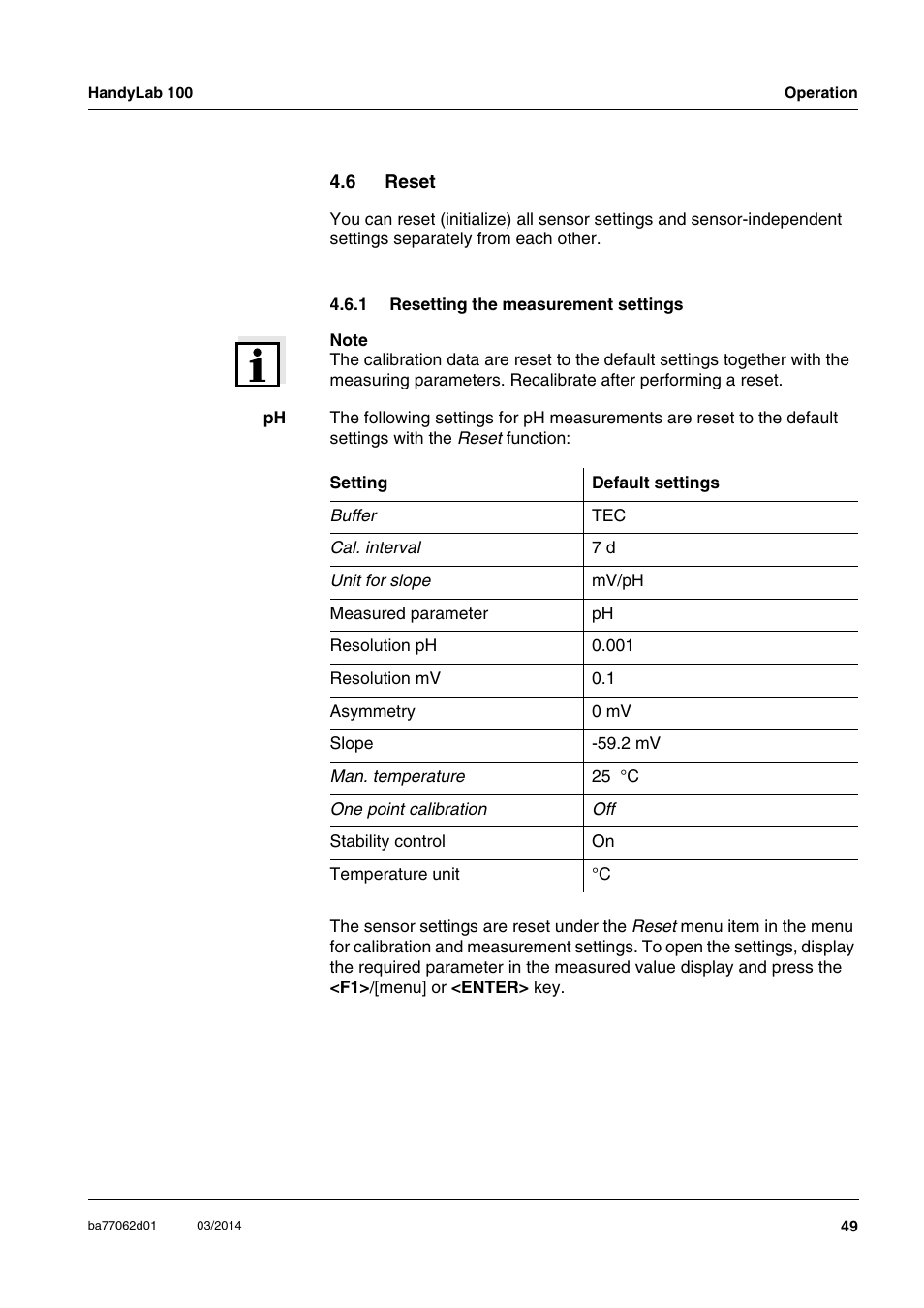 6 reset, 1 resetting the measurement settings, Reset 4.6.1 | Resetting the measurement settings | Xylem HandyLab 100 User Manual | Page 49 / 66