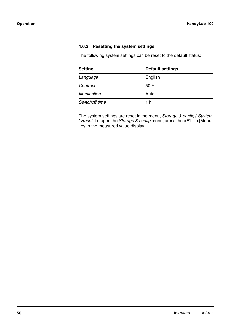 2 resetting the system settings, Resetting the system settings | Xylem HandyLab 100 User Manual | Page 50 / 66