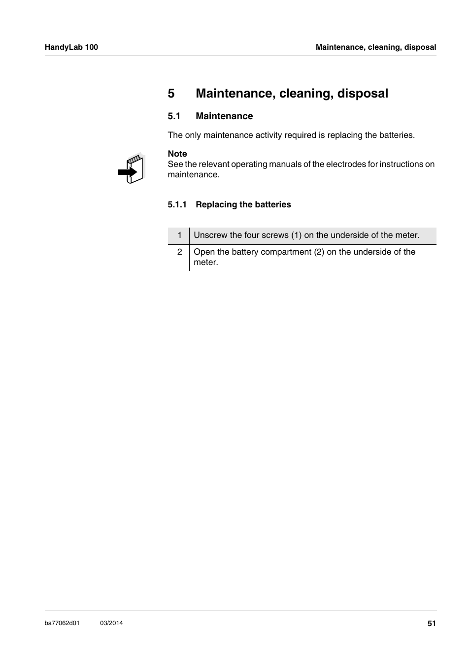 5 maintenance, cleaning, disposal, 1 maintenance, 1 replacing the batteries | Maintenance, cleaning, disposal, Maintenance 5.1.1, Replacing the batteries, 5maintenance, cleaning, disposal | Xylem HandyLab 100 User Manual | Page 51 / 66