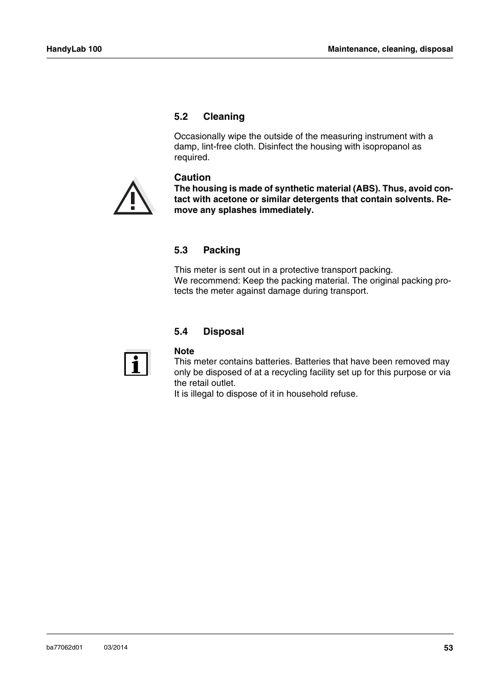 2 cleaning, 3 packing, 4 disposal | Cleaning, Packing, Disposal | Xylem HandyLab 100 User Manual | Page 53 / 66