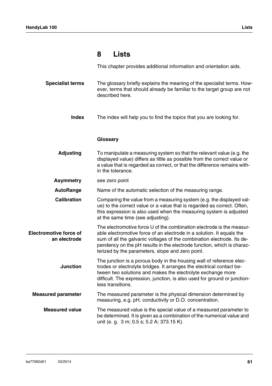 8 lists, Lists, 8lists | Xylem HandyLab 100 User Manual | Page 61 / 66