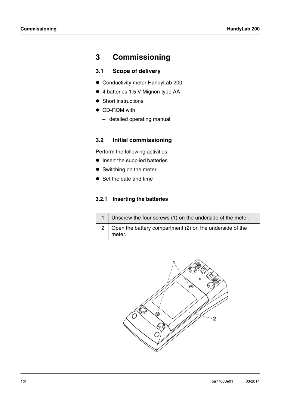 3 commissioning, 1 scope of delivery, 2 initial commissioning | 1 inserting the batteries, Commissioning, Scope of delivery, Initial commissioning 3.2.1, Inserting the batteries, 3commissioning | Xylem HandyLab 200 User Manual | Page 12 / 52