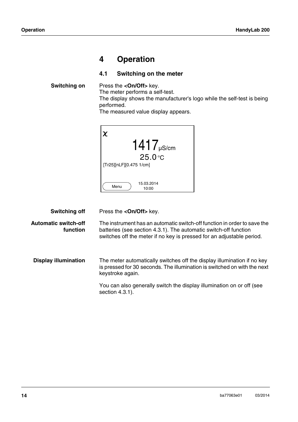 4 operation, 1 switching on the meter, Operation | Switching on the meter, 4operation | Xylem HandyLab 200 User Manual | Page 14 / 52