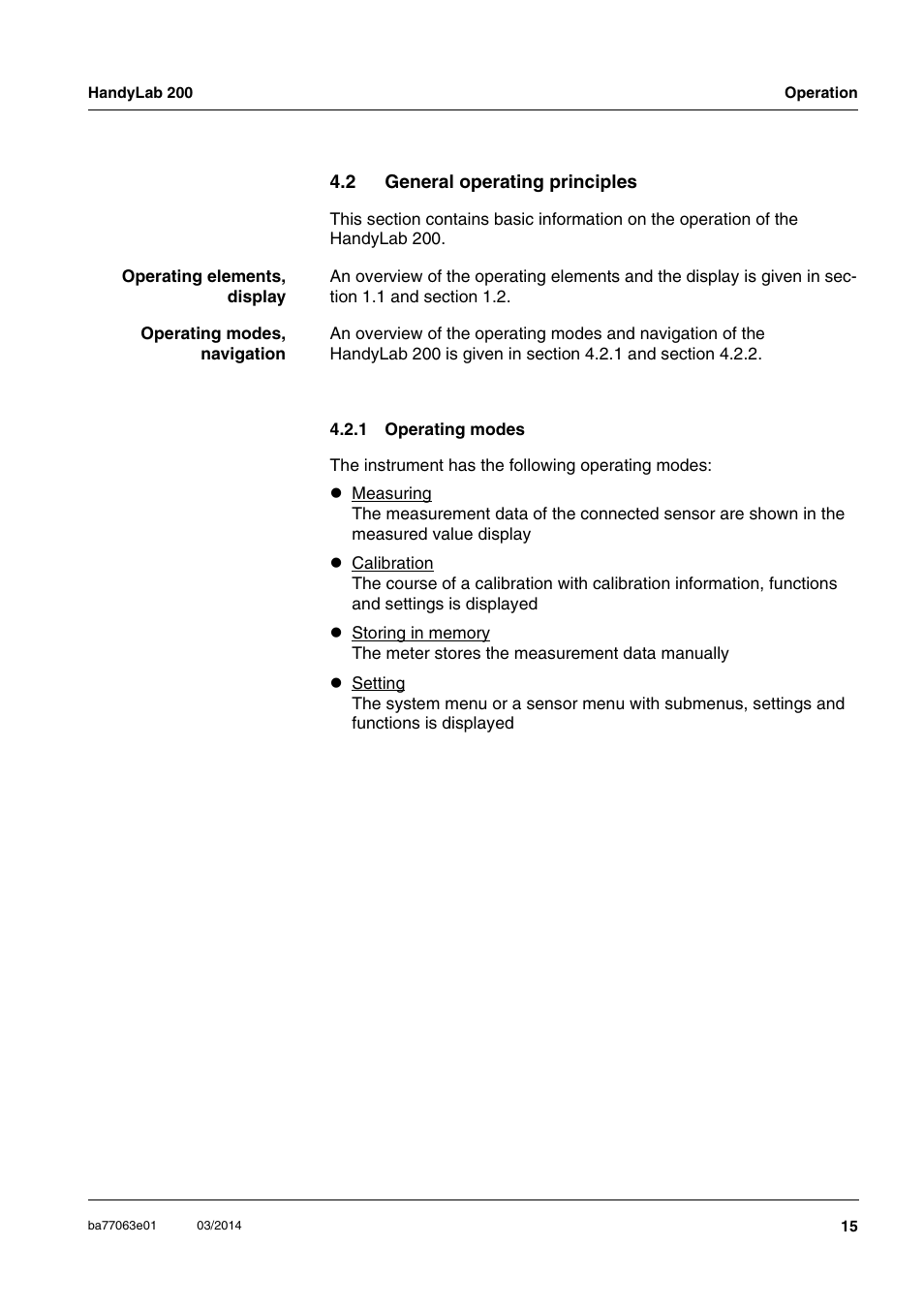 2 general operating principles, 1 operating modes, General operating principles 4.2.1 | Operating modes | Xylem HandyLab 200 User Manual | Page 15 / 52