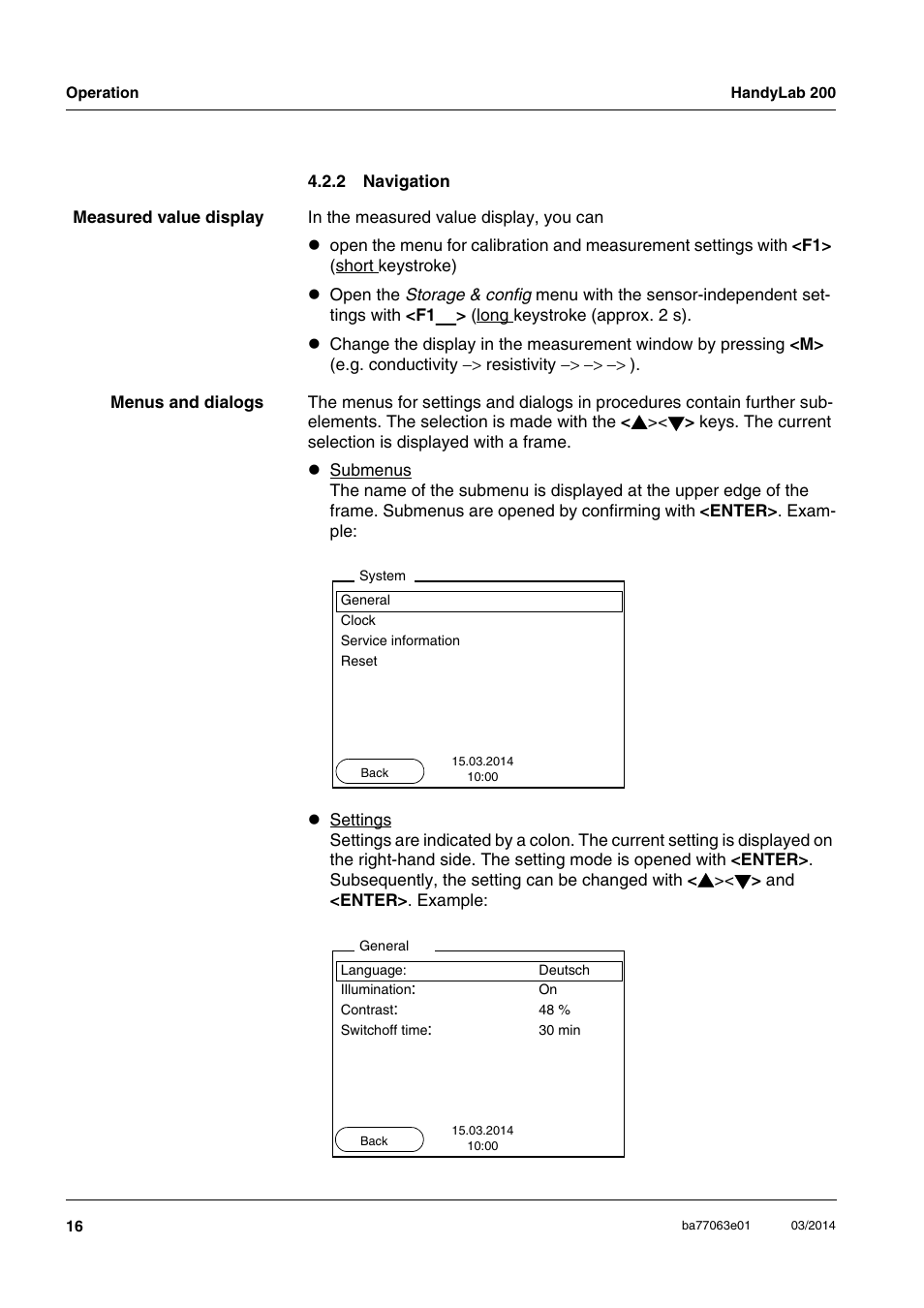 2 navigation, Navigation, Section 4.2.2 | Xylem HandyLab 200 User Manual | Page 16 / 52