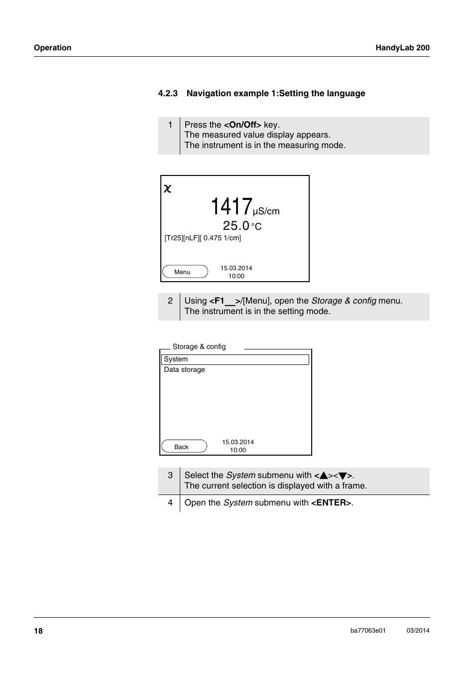 3 navigation example 1:setting the language, Navigation example 1:setting the language | Xylem HandyLab 200 User Manual | Page 18 / 52