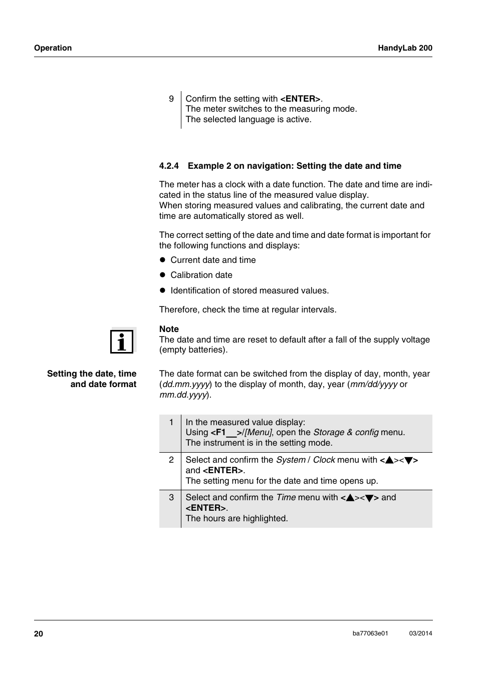 Example 2 on navigation: setting the date and time | Xylem HandyLab 200 User Manual | Page 20 / 52