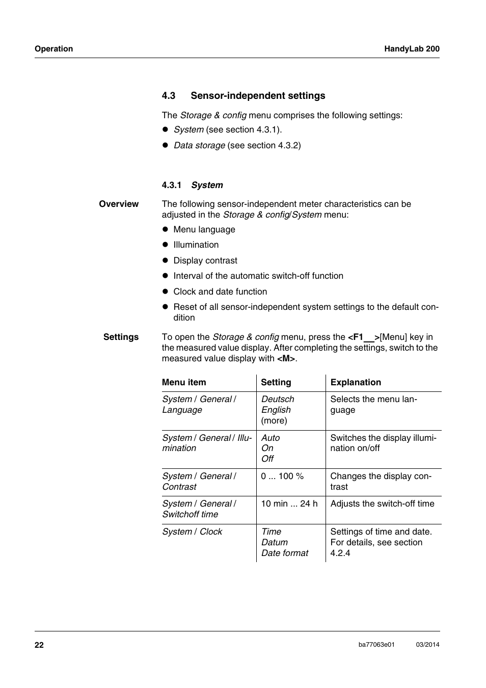 3 sensor-independent settings, 1 system, Sensor-independent settings 4.3.1 | Xylem HandyLab 200 User Manual | Page 22 / 52