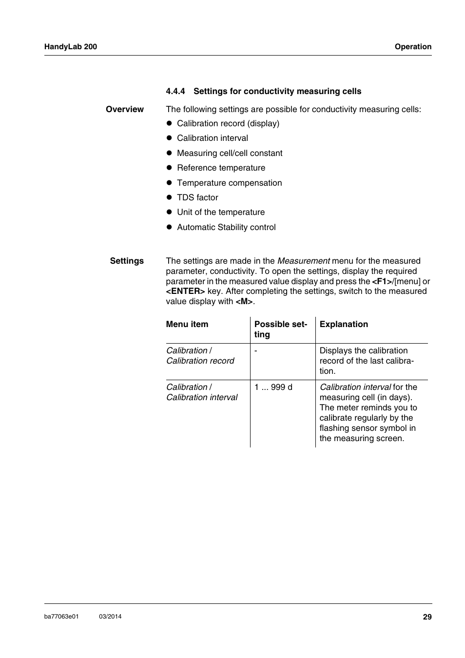 4 settings for conductivity measuring cells, Settings for conductivity measuring cells | Xylem HandyLab 200 User Manual | Page 29 / 52