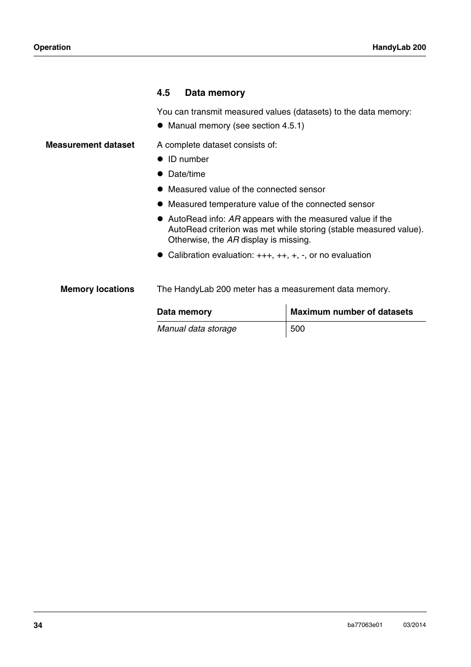 5 data memory, Data memory | Xylem HandyLab 200 User Manual | Page 34 / 52