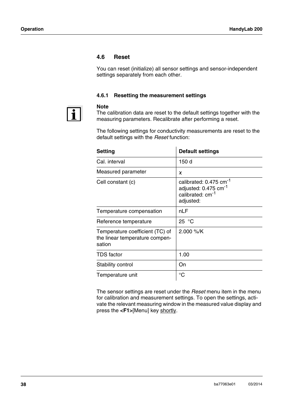 6 reset, 1 resetting the measurement settings, Reset 4.6.1 | Resetting the measurement settings | Xylem HandyLab 200 User Manual | Page 38 / 52