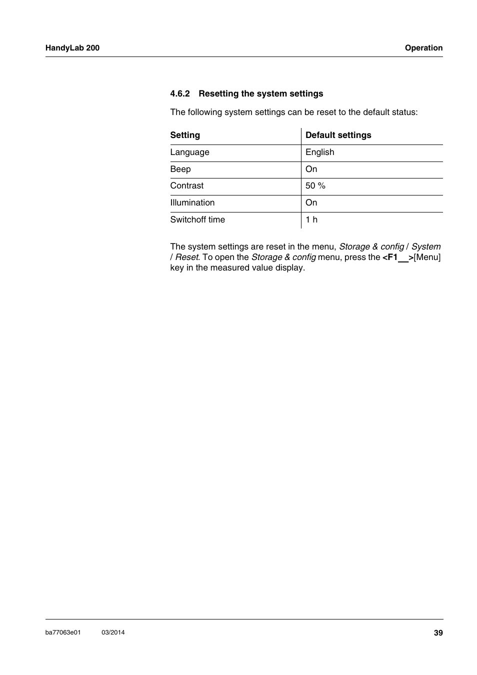 2 resetting the system settings, Resetting the system settings | Xylem HandyLab 200 User Manual | Page 39 / 52