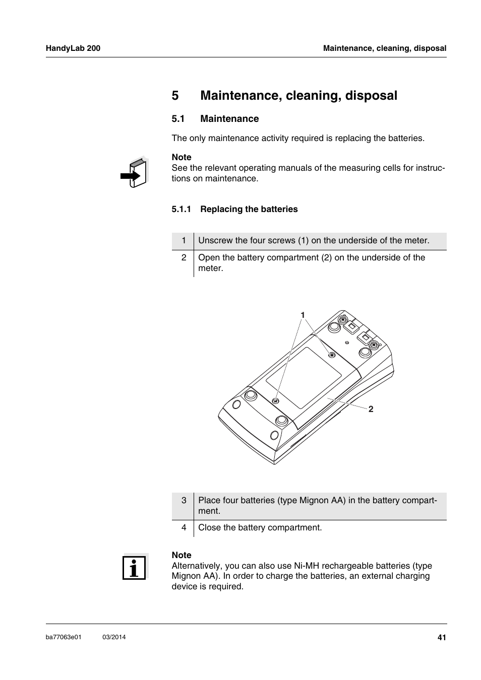 5 maintenance, cleaning, disposal, 1 maintenance, 1 replacing the batteries | Maintenance, cleaning, disposal, Maintenance 5.1.1, Replacing the batteries, 5maintenance, cleaning, disposal | Xylem HandyLab 200 User Manual | Page 41 / 52