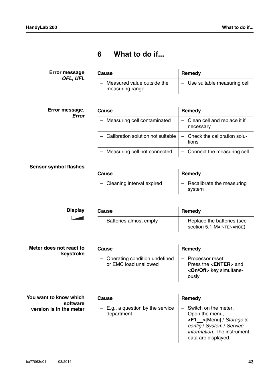 6 what to do if, What to do if, 6what to do if | Xylem HandyLab 200 User Manual | Page 43 / 52