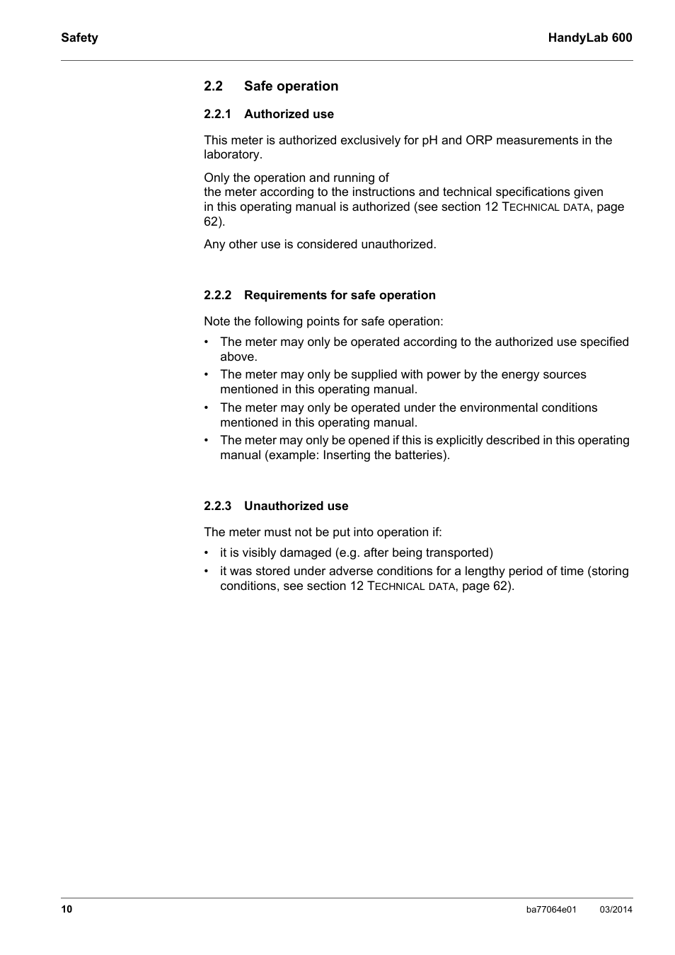 2 safe operation, 1 authorized use, 2 requirements for safe operation | 3 unauthorized use, Safe operation, Authorized use, Requirements for safe operation, Unauthorized use | Xylem HandyLab 600 User Manual | Page 10 / 72