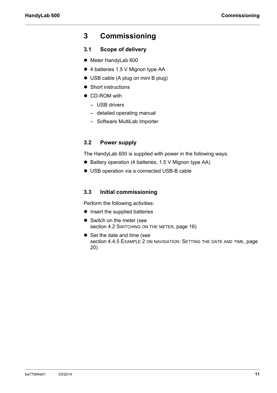 3 commissioning, 1 scope of delivery, 2 power supply | 3 initial commissioning, Commissioning, Scope of delivery, Power supply, Initial commissioning, 3commissioning | Xylem HandyLab 600 User Manual | Page 11 / 72