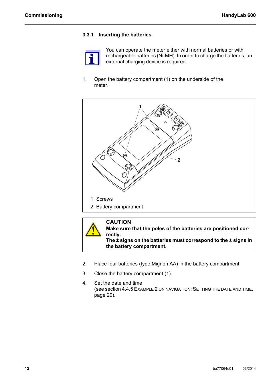 1 inserting the batteries, Inserting the batteries | Xylem HandyLab 600 User Manual | Page 12 / 72