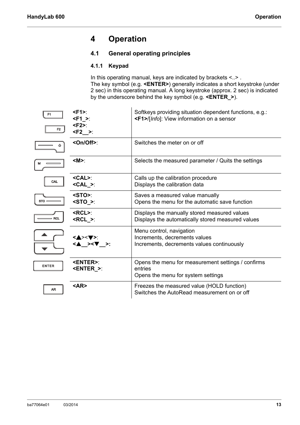 4 operation, 1 general operating principles, 1 keypad | Operation, General operating principles, Keypad, 4operation | Xylem HandyLab 600 User Manual | Page 13 / 72
