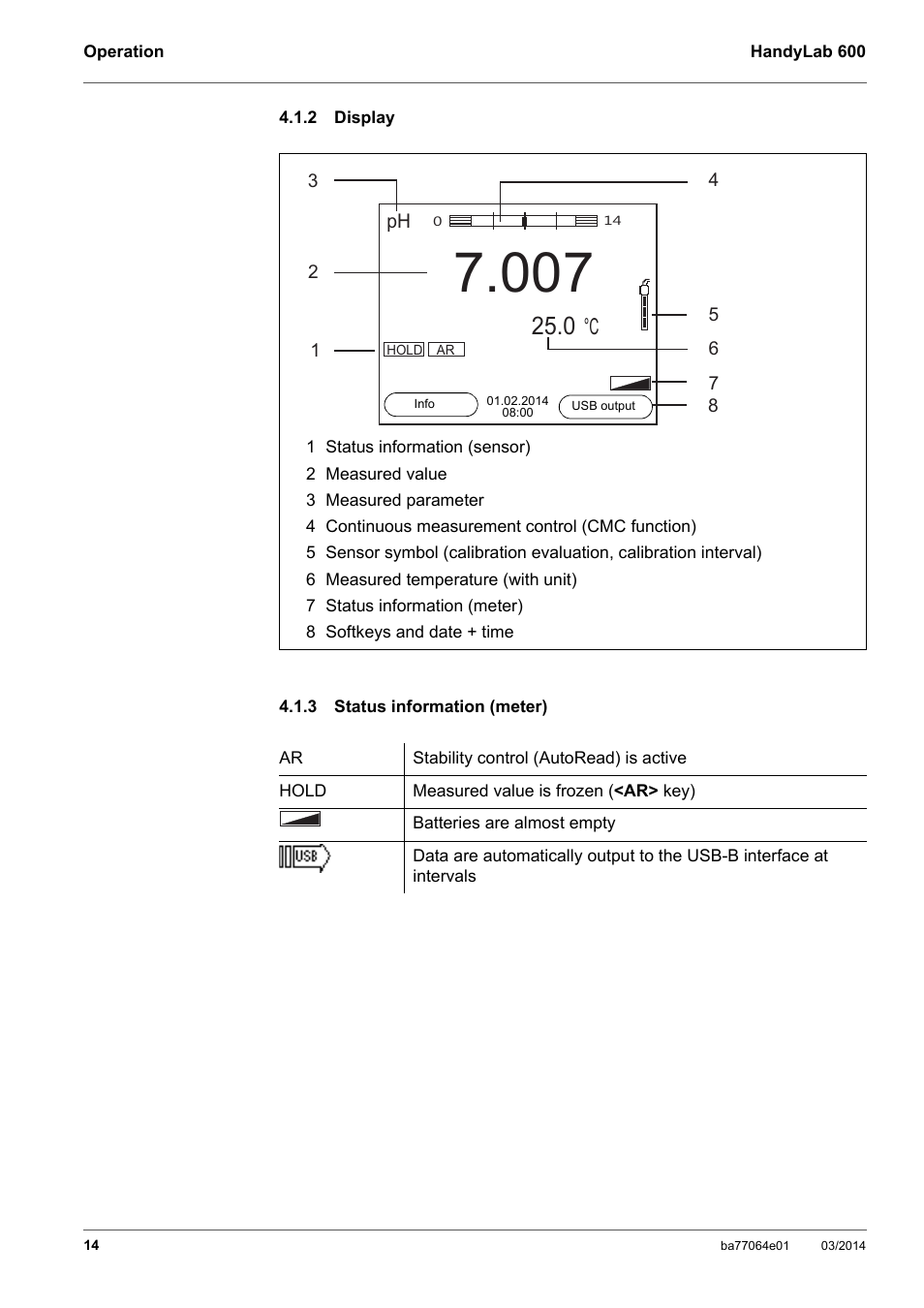 2 display, 3 status information (meter), Display | Status information (meter) | Xylem HandyLab 600 User Manual | Page 14 / 72