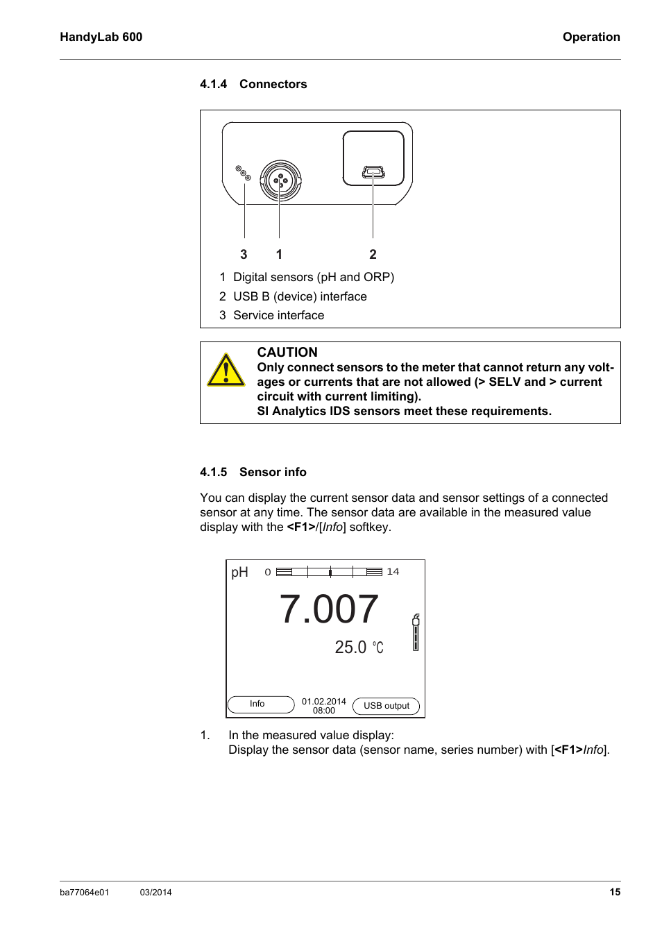 4 connectors, 5 sensor info, Connectors | Sensor info | Xylem HandyLab 600 User Manual | Page 15 / 72