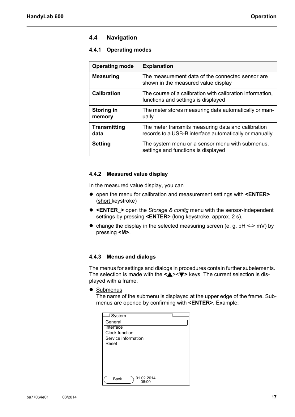 4 navigation, 1 operating modes, 2 measured value display | 3 menus and dialogs, Navigation, Operating modes, Measured value display, Menus and dialogs | Xylem HandyLab 600 User Manual | Page 17 / 72