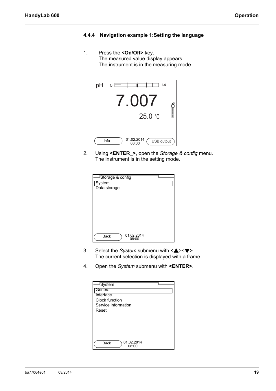 4 navigation example 1:setting the language, Navigation example 1:setting the language | Xylem HandyLab 600 User Manual | Page 19 / 72