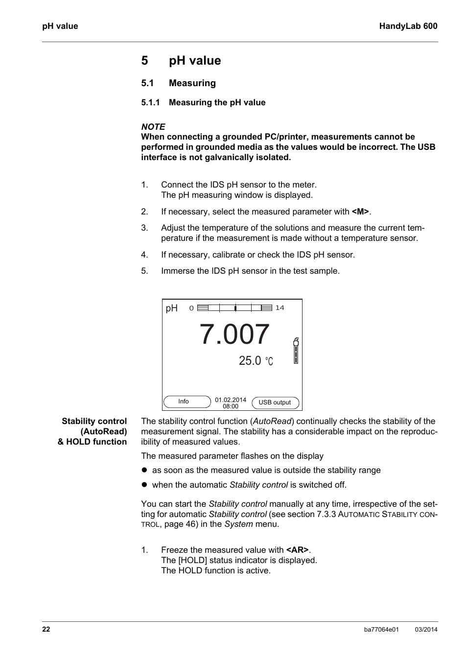 5 ph value, 1 measuring, 1 measuring the ph value | Ph value, Measuring, Measuring the ph value, 5ph value | Xylem HandyLab 600 User Manual | Page 22 / 72