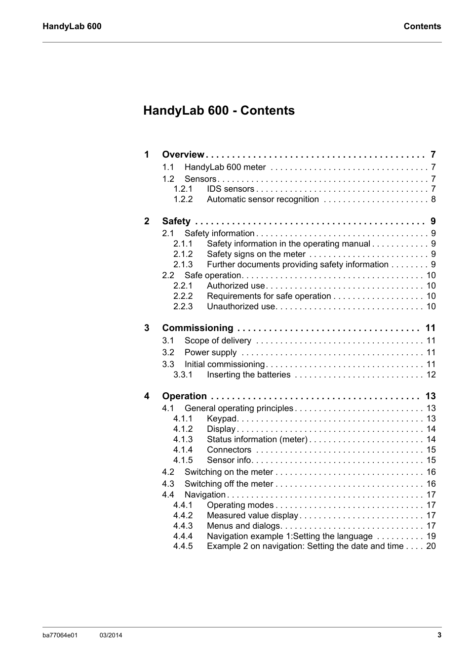 Handylab 600 - contents | Xylem HandyLab 600 User Manual | Page 3 / 72