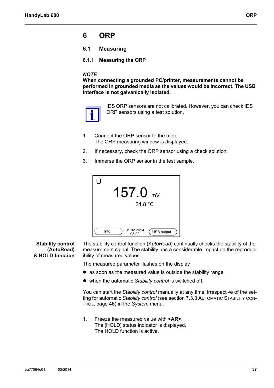 6 orp, 1 measuring, 1 measuring the orp | Measuring, Measuring the orp, 6orp | Xylem HandyLab 600 User Manual | Page 37 / 72