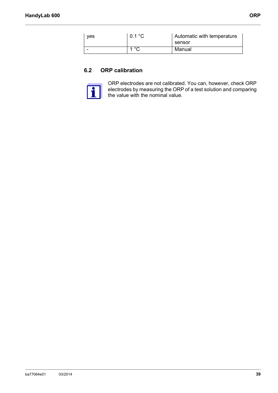 2 orp calibration, Orp calibration | Xylem HandyLab 600 User Manual | Page 39 / 72