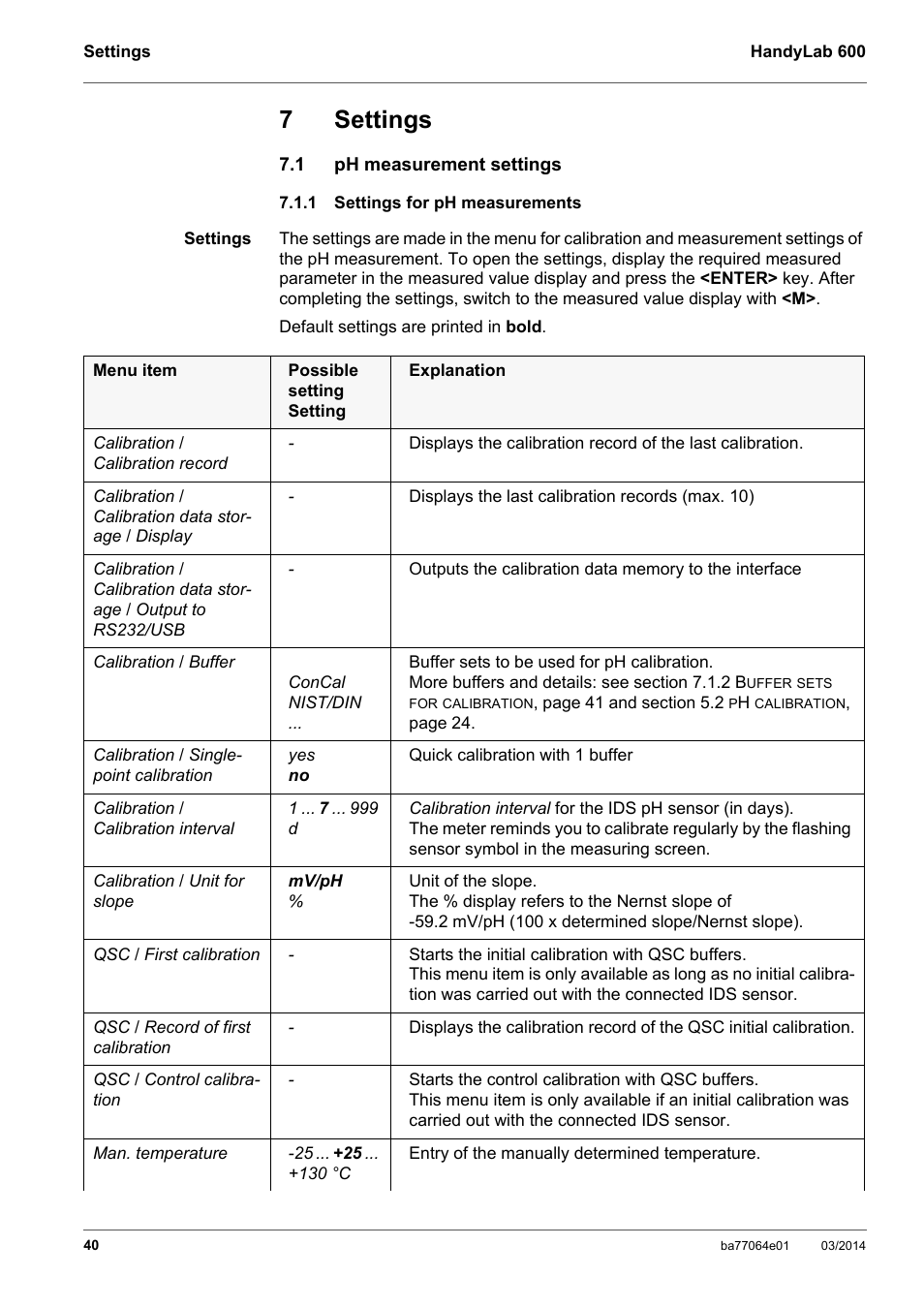 7 settings, 1 ph measurement settings, 1 settings for ph measurements | Settings, Ph measurement settings, Settings for ph measurements, Selected (see section 7.1.1 s, Ettings, Measurements, Section | Xylem HandyLab 600 User Manual | Page 40 / 72
