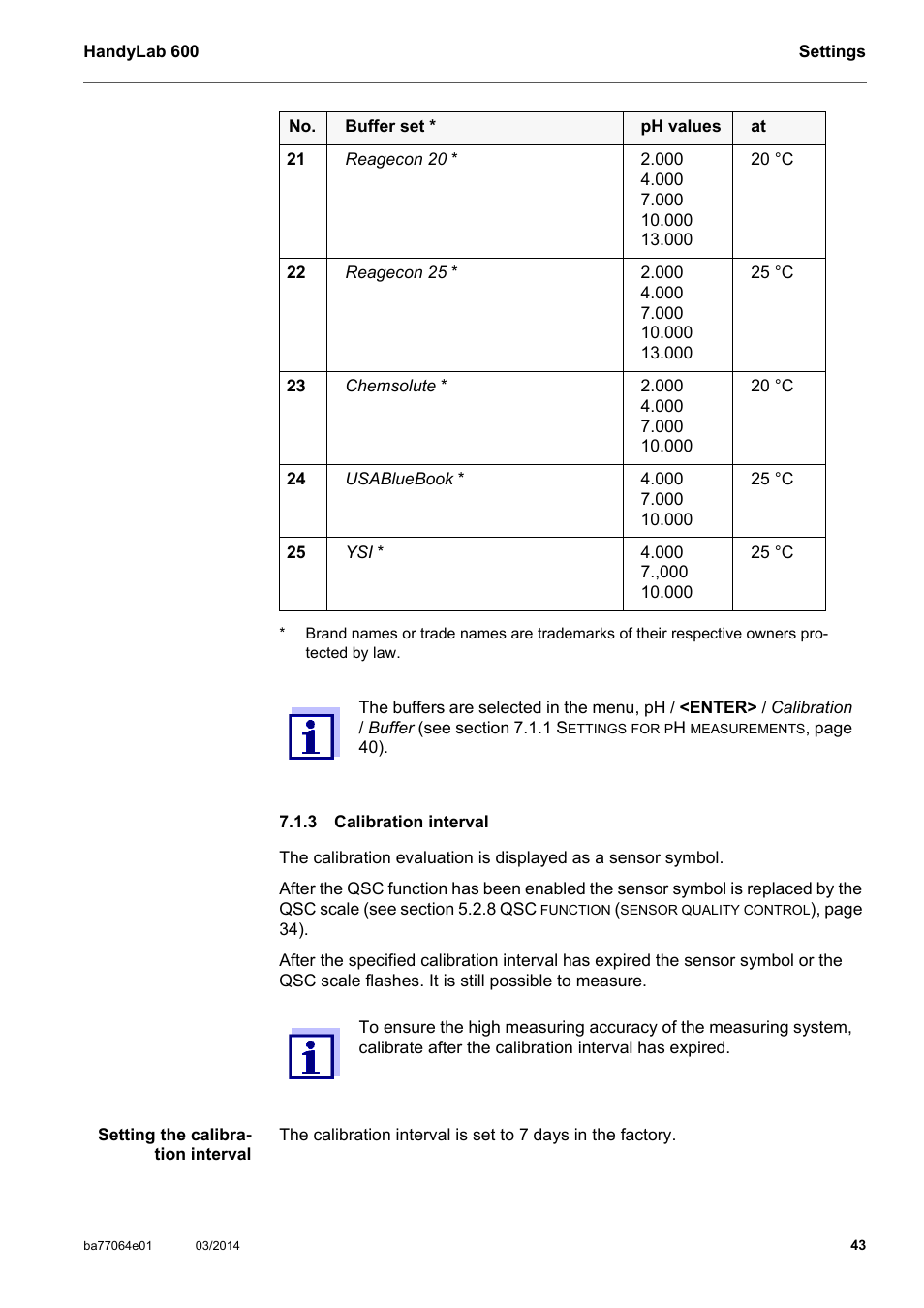 3 calibration interval, Calibration interval | Xylem HandyLab 600 User Manual | Page 43 / 72