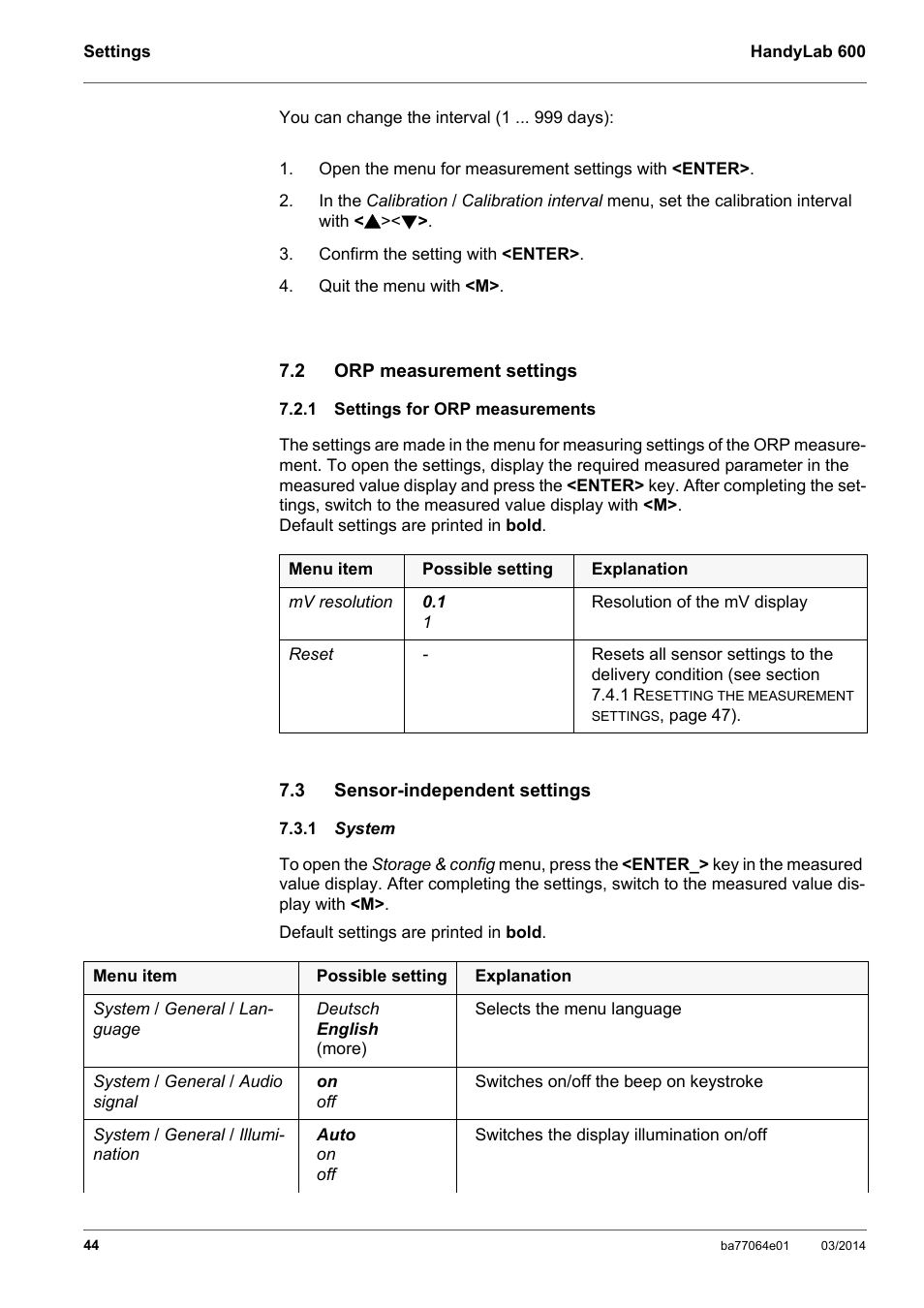 2 orp measurement settings, 1 settings for orp measurements, 3 sensor-independent settings | 1 system, Orp measurement settings, Settings for orp measurements, Sensor-independent settings, System | Xylem HandyLab 600 User Manual | Page 44 / 72