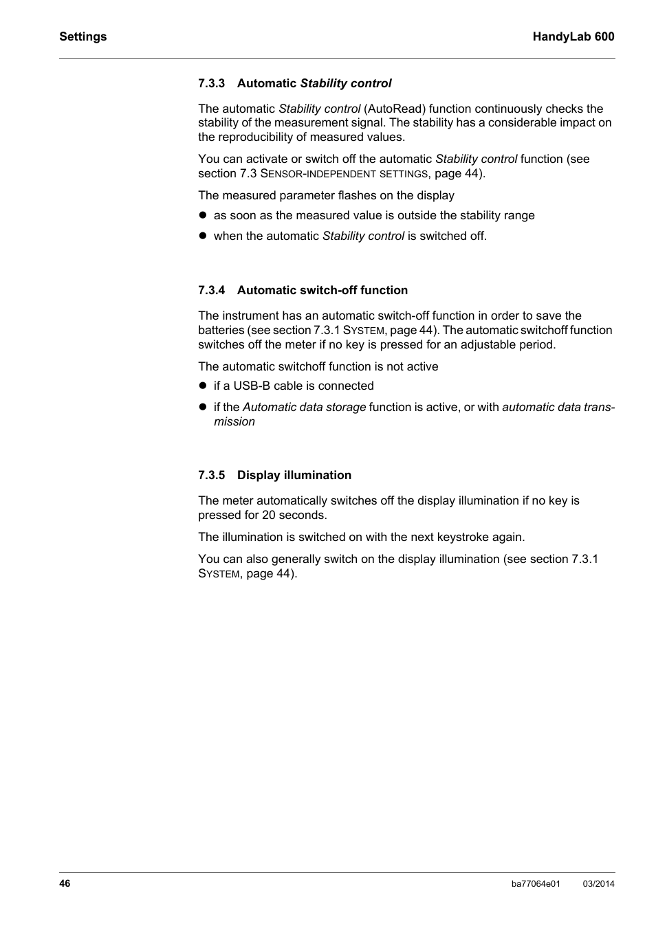 3 automatic stability control, 4 automatic switch-off function, 5 display illumination | Automatic, Automatic switch-off function, Display illumination, Section 7.3.3 a, Utomatic, Tability, Trol | Xylem HandyLab 600 User Manual | Page 46 / 72