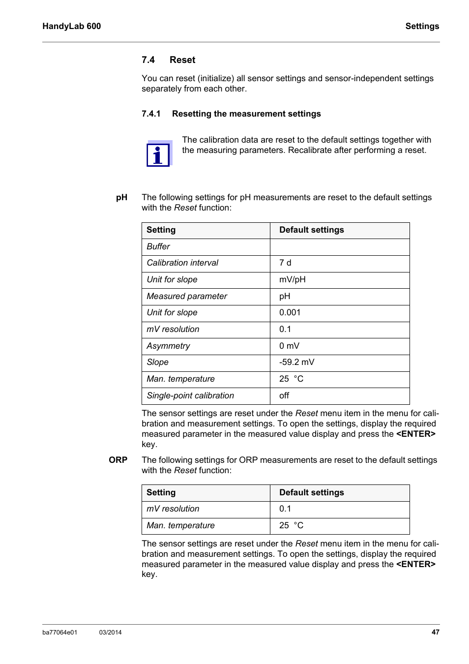 4 reset, 1 resetting the measurement settings, Reset | Resetting the measurement settings, Sec- tion 7.4.1 r, Esetting, Measurement, Settings, Section 7.4.1 r | Xylem HandyLab 600 User Manual | Page 47 / 72