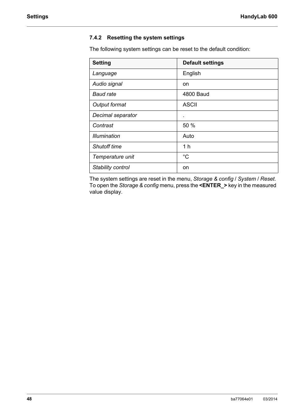 2 resetting the system settings, Resetting the system settings, Section 7.4.2 r | Esetting, Settings | Xylem HandyLab 600 User Manual | Page 48 / 72