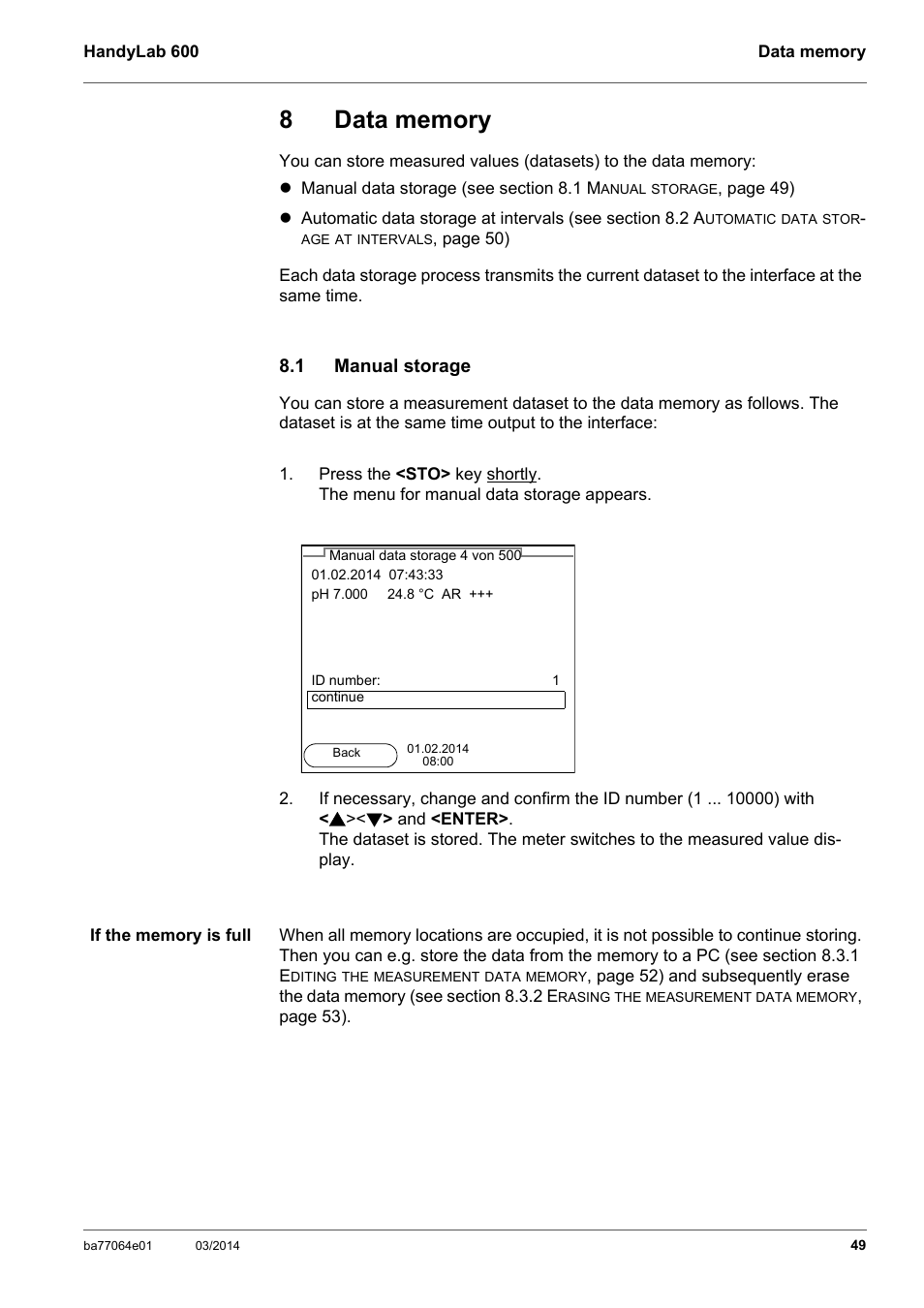 8 data memory, 1 manual storage, Data memory | Manual storage, Section 8 d, Memory | Xylem HandyLab 600 User Manual | Page 49 / 72