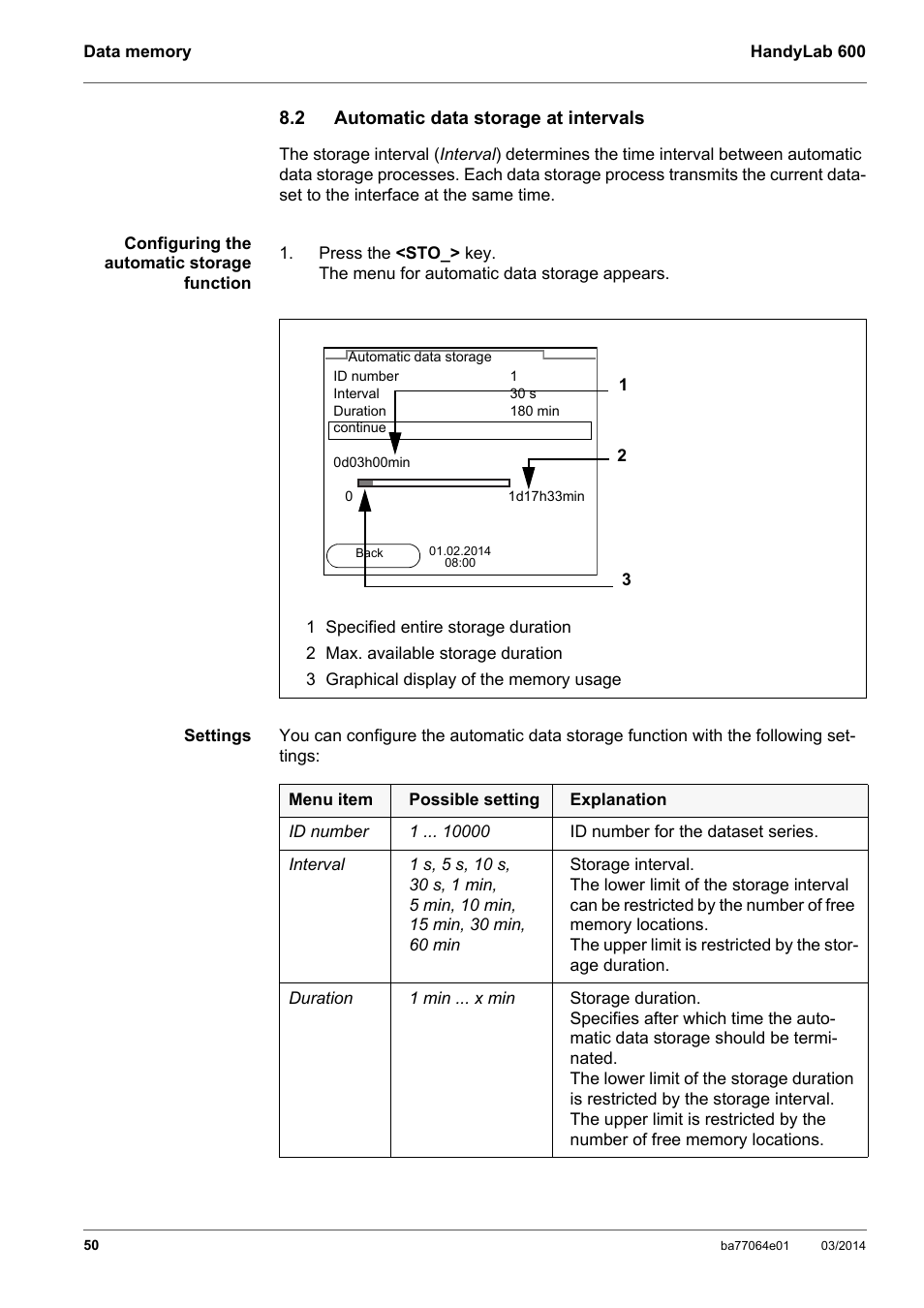 2 automatic data storage at intervals, Automatic data storage at intervals, Section 8.2 a | Utomatic, Data, Stor, Intervals | Xylem HandyLab 600 User Manual | Page 50 / 72