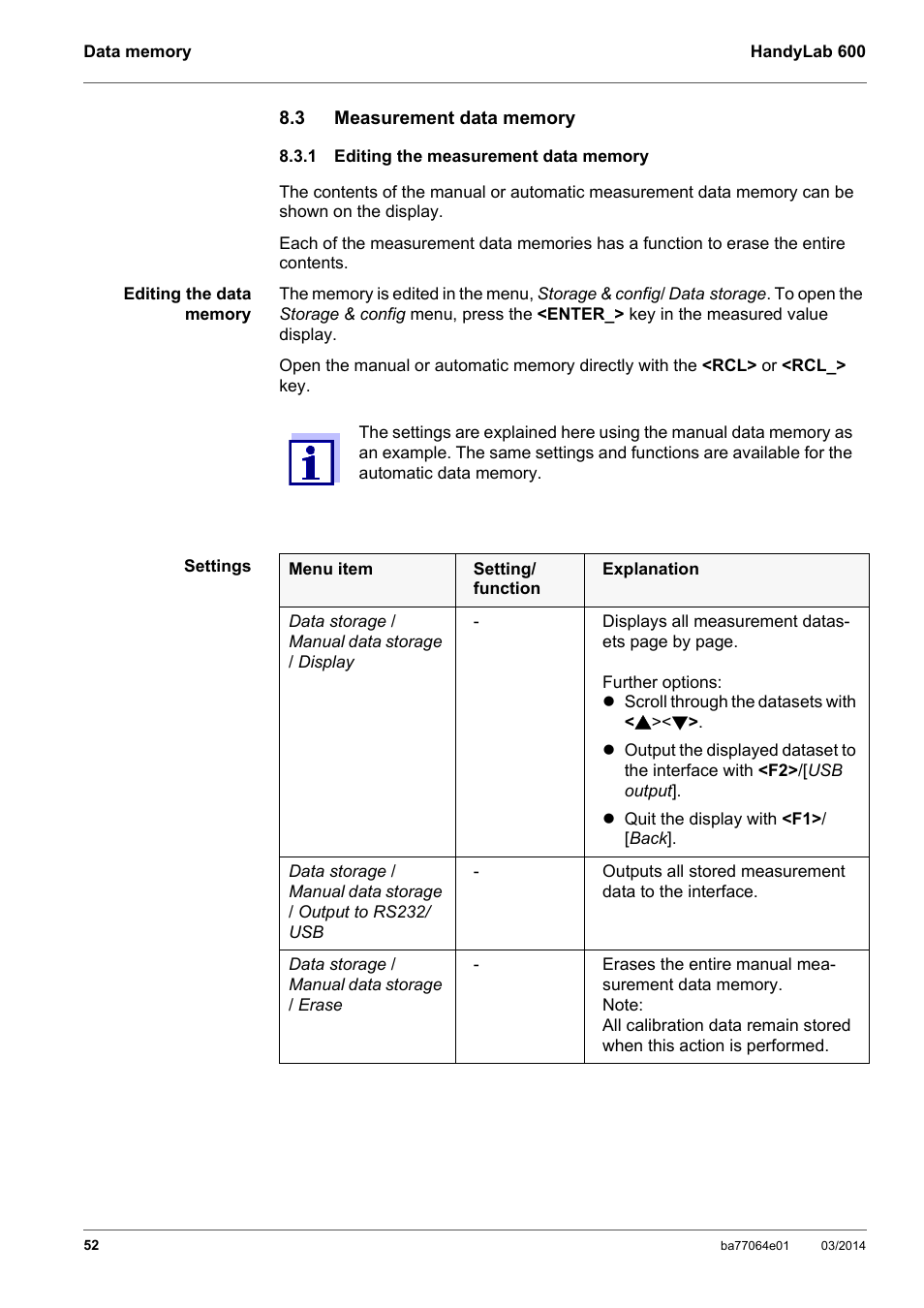 3 measurement data memory, 1 editing the measurement data memory, Measurement data memory | Editing the measurement data memory, Ee section 8.3.1 e, Diting, Measurement, Data, Memory | Xylem HandyLab 600 User Manual | Page 52 / 72