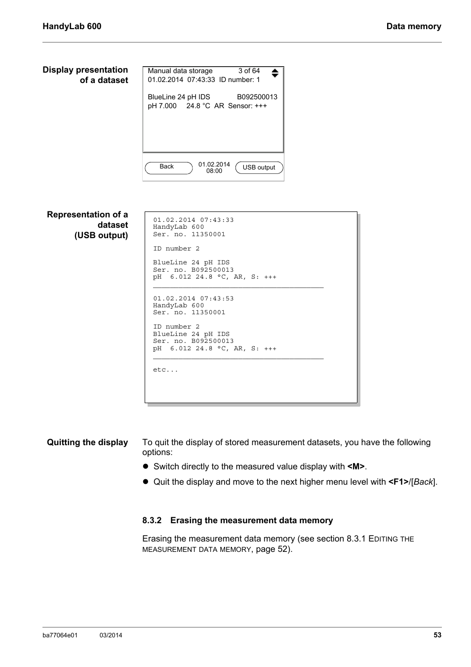 2 erasing the measurement data memory, Erasing the measurement data memory, Ry (see section 8.3.2 e | Rasing, Measurement, Data, Memory | Xylem HandyLab 600 User Manual | Page 53 / 72