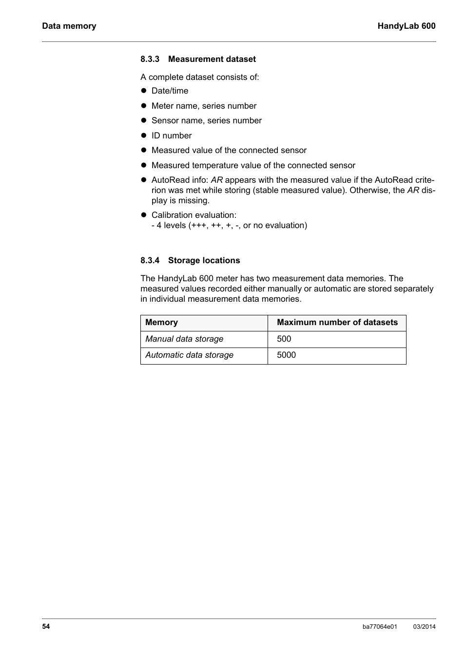 3 measurement dataset, 4 storage locations, Measurement dataset | Storage locations | Xylem HandyLab 600 User Manual | Page 54 / 72