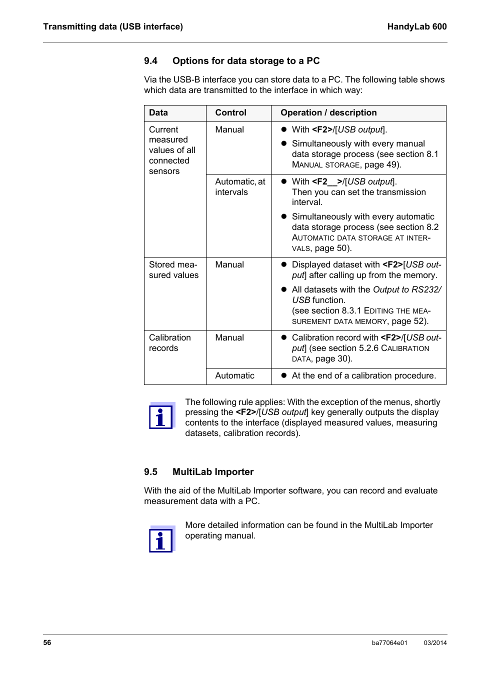 4 options for data storage to a pc, 5 multilab importer, Options for data storage to a pc | Multilab importer | Xylem HandyLab 600 User Manual | Page 56 / 72