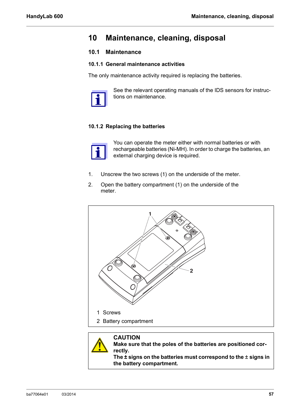10 maintenance, cleaning, disposal, 1 maintenance, 1 general maintenance activities | 2 replacing the batteries | Xylem HandyLab 600 User Manual | Page 57 / 72