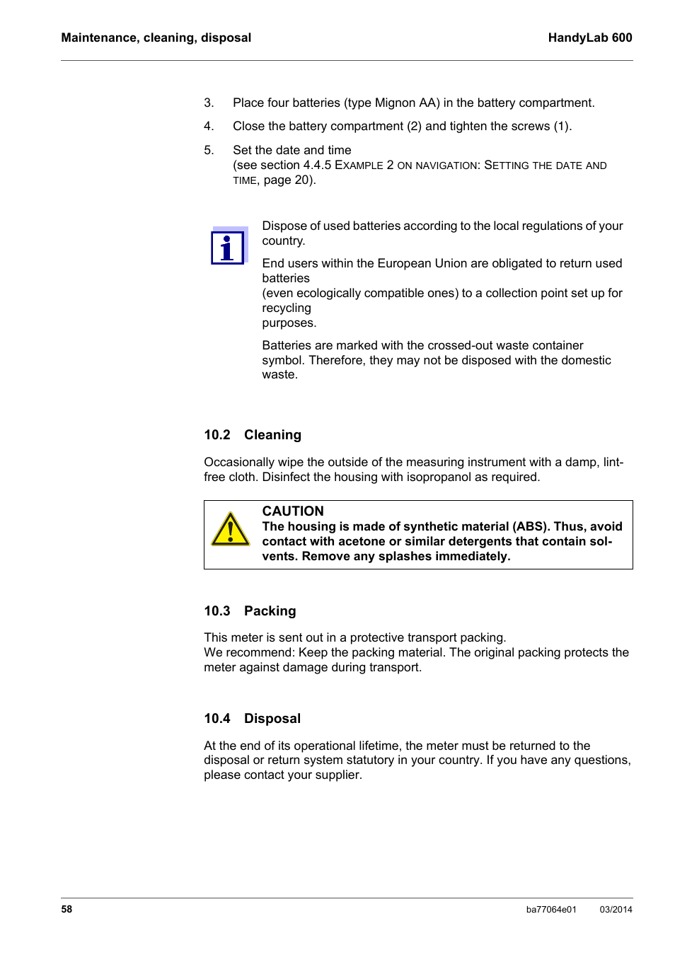 2 cleaning, 3 packing, 4 disposal | 2 cleaning 10.3 packing 10.4 disposal | Xylem HandyLab 600 User Manual | Page 58 / 72