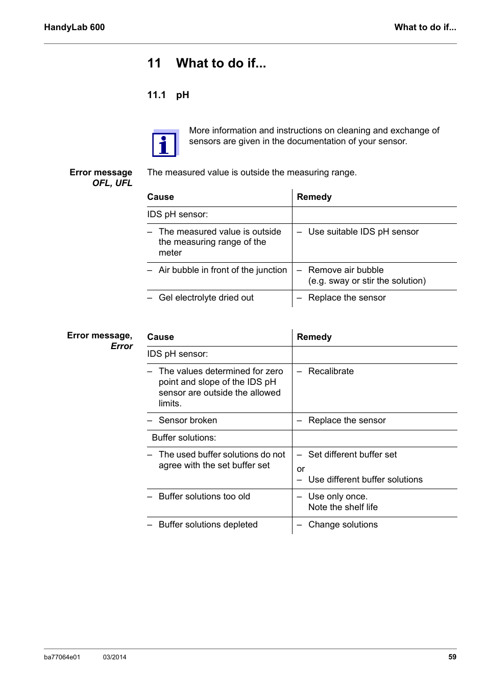 11 what to do if, 1 ph | Xylem HandyLab 600 User Manual | Page 59 / 72