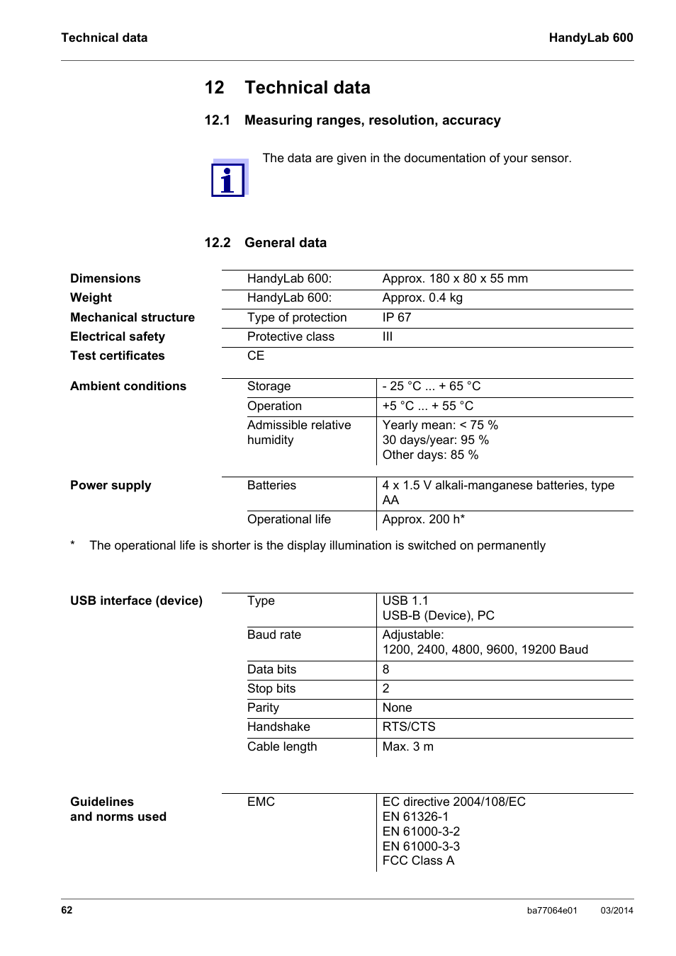 12 technical data, 1 measuring ranges, resolution, accuracy, 2 general data | Thorized (see section 12 t, Echnical, Data, E section 12 t | Xylem HandyLab 600 User Manual | Page 62 / 72