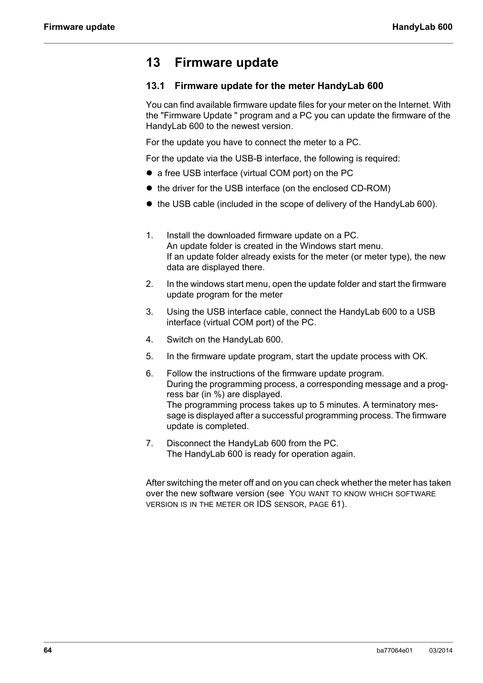 13 firmware update, 1 firmware update for the meter handylab 600 | Xylem HandyLab 600 User Manual | Page 64 / 72