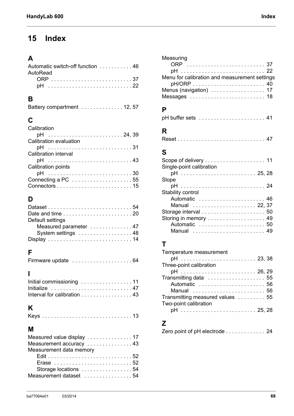 15 index | Xylem HandyLab 600 User Manual | Page 68 / 72